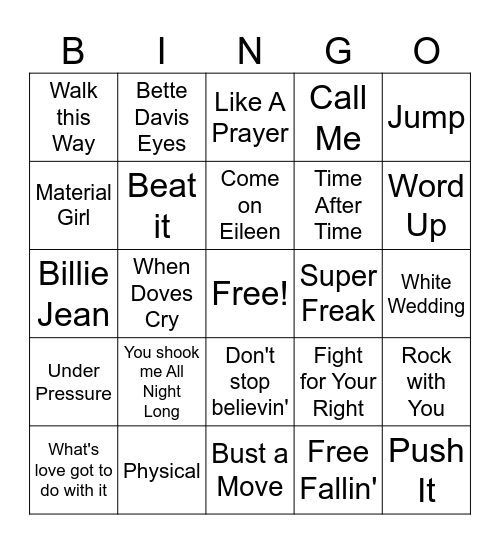 80's tunes Bingo Card