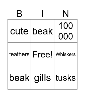 Animals characteristics Bingo Card