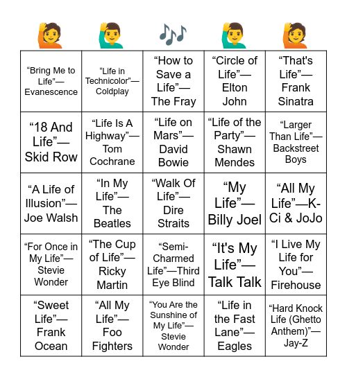 SONGS WITH THE WORD "LIFE" IN THE TITLE Bingo Card