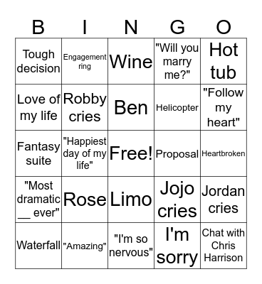 Bachelorette "Final Rose" Bingo Card