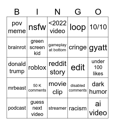 YT SHORT Bingo Card