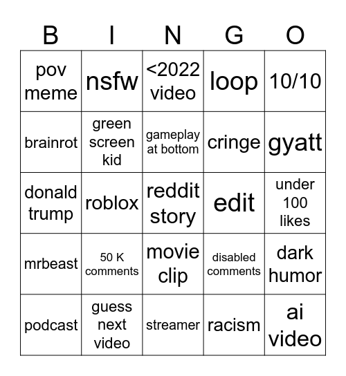 YT SHORT Bingo Card