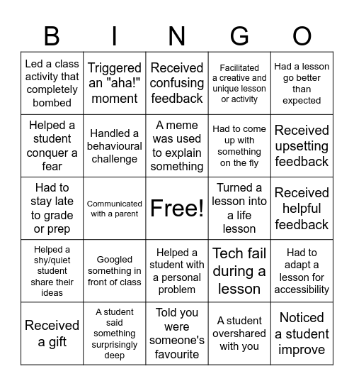 Student Teaching Bingo Card