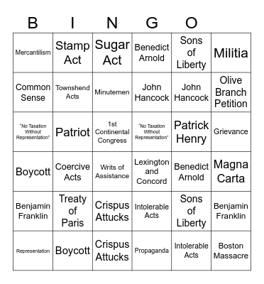 Causes of the Revolution Bingo Card