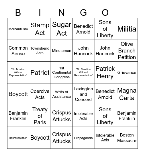 Causes of the Revolution Bingo Card