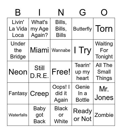 90's Jams Bingo Card