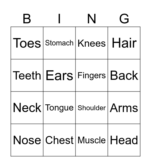 Body Parts Bingo Card