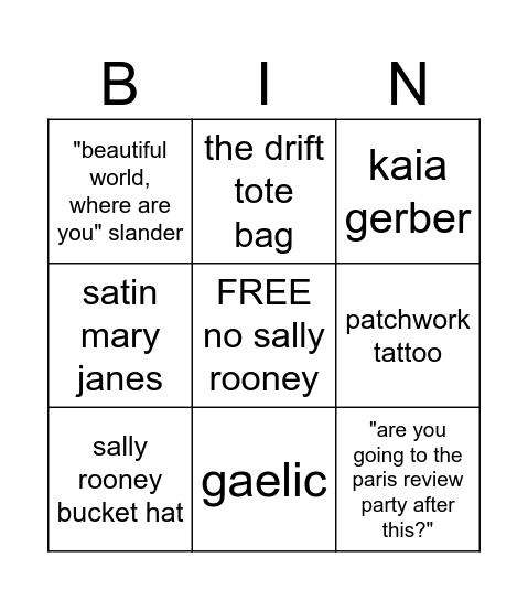 Sally Rooney Book Party Bingo Card