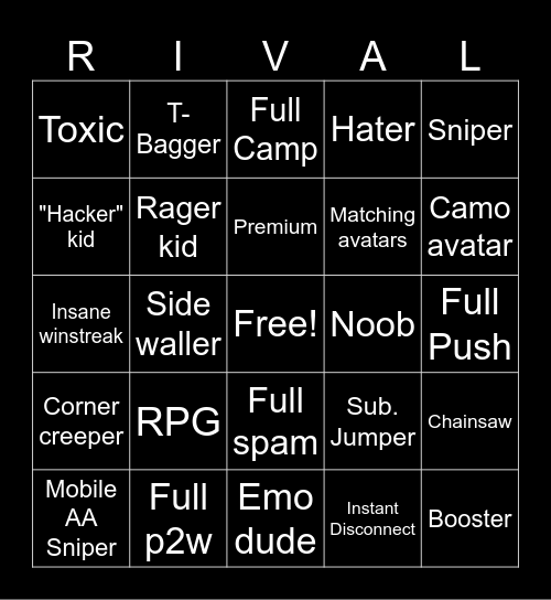 RIVALS Roblox Bingo (FOR LIVE PLAY) Bingo Card