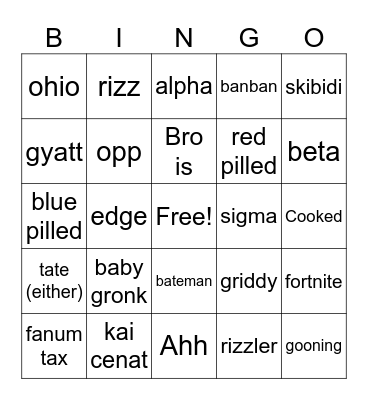 gen alpha bingo Card