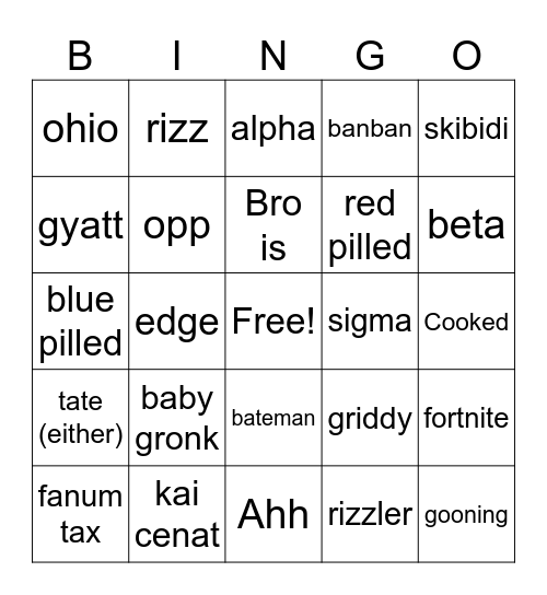 gen alpha bingo Card