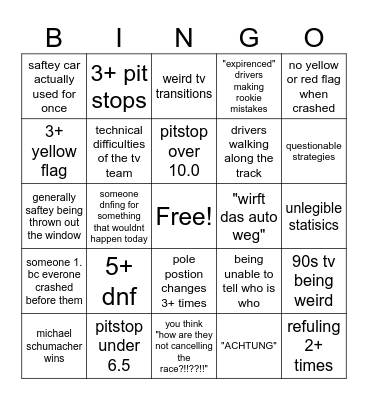 old f1 is a hellscape Bingo Card