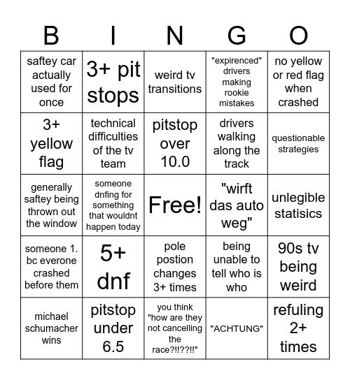old f1 is a hellscape Bingo Card