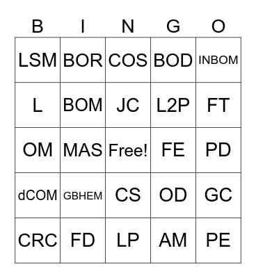 BOM ACRONYMNS Bingo Card