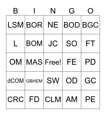 BOM ACRONYMNS Bingo Card
