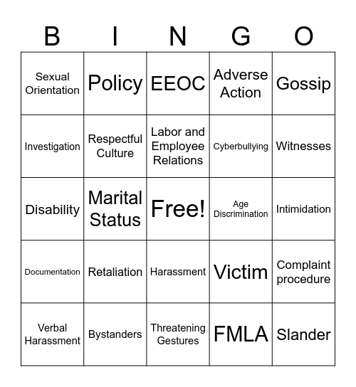 Discrimination and Harassment Bingo Card