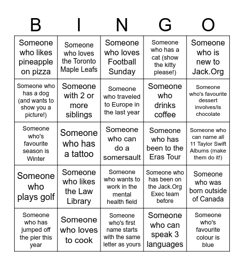 Bingo (Jack To School's Version) Bingo Card