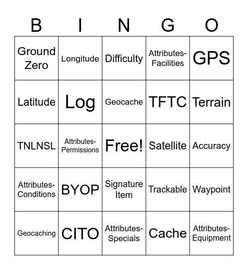 BSA- Geocaching Term Bingo Card