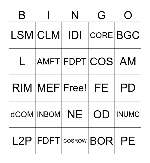 BOM ACRONYMNS Bingo Card