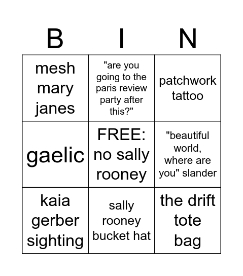 Sally Rooney Book Party Bingo Card