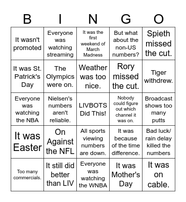 PGA Tour Ratings Excuses Bingo Card