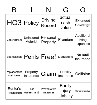 Vehicle and Homeowners Insurance Bingo Card
