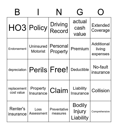 Vehicle and Homeowners Insurance Bingo Card