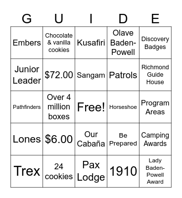 Introduction to Guiding Bingo! Bingo Card