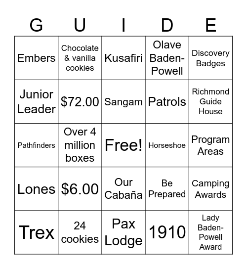 Introduction to Guiding Bingo! Bingo Card