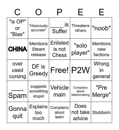 Enlisted Copium Bingo Card