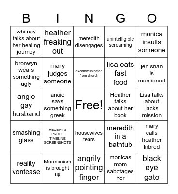 Real Housewives of Salt Lake City Bingo Card