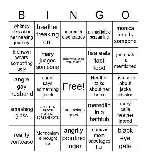 Real Housewives of Salt Lake City Bingo Card