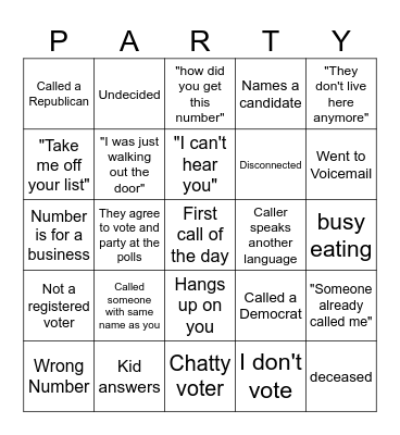 Phone bank BINGO Card