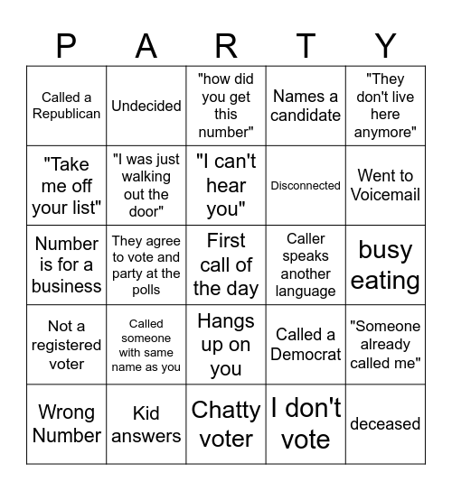 Phone bank BINGO Card