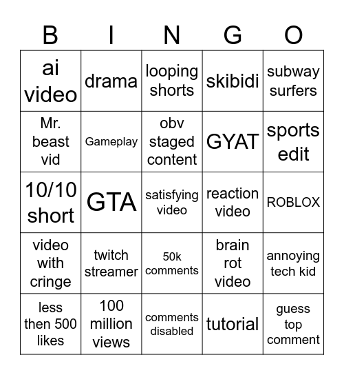 yt shorts bingo Card