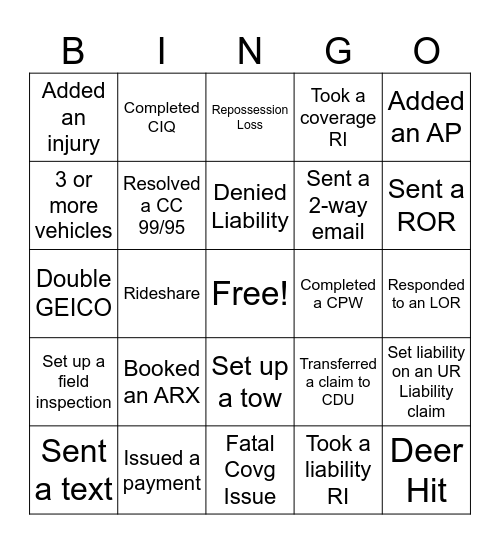 Claims Training Bingo Card