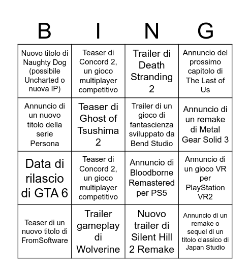 sony playstation showcase 09/24 Bingo Card