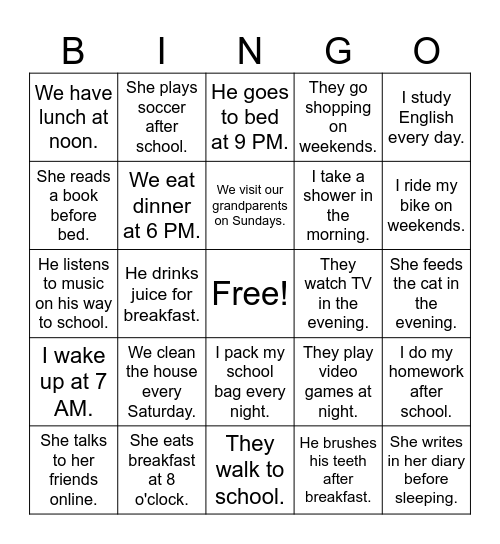 Daily Routines Bingo Card