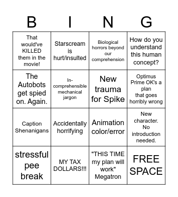 Transformers G1 Bing Bingo Card
