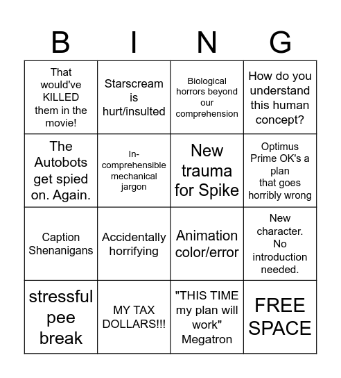 Transformers G1 Bing Bingo Card