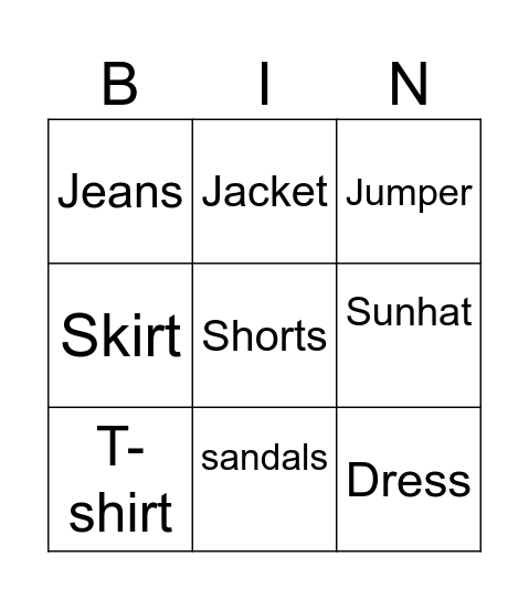 Clothes Bingo Card