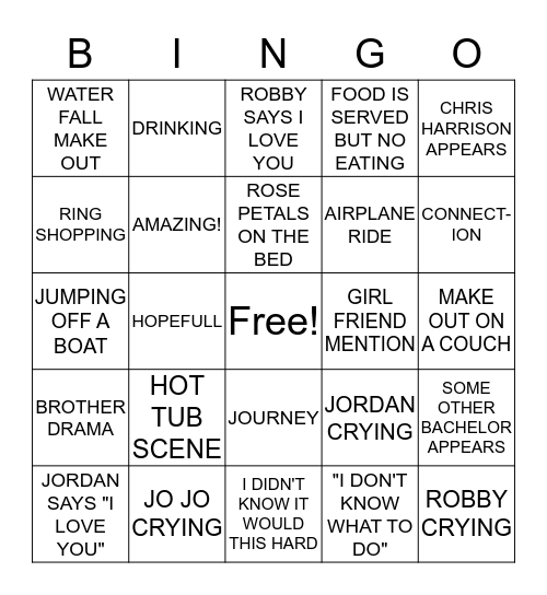 JoJo Bachelorette Bingo Card