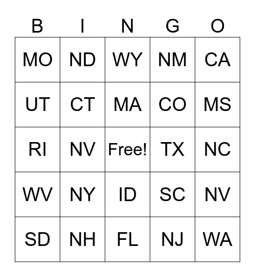 States Bingo Card