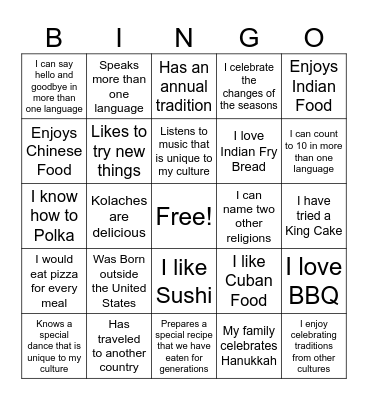 Cultural Diversity Bingo Card