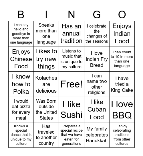 Cultural Diversity Bingo Card