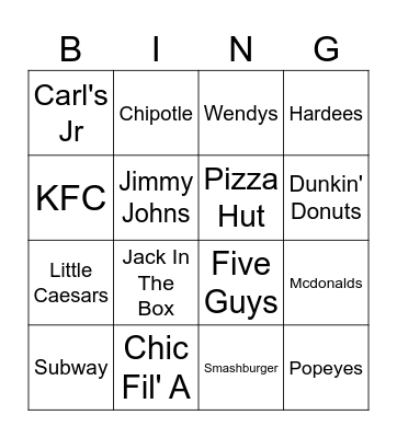 Fast Food Bingo Card