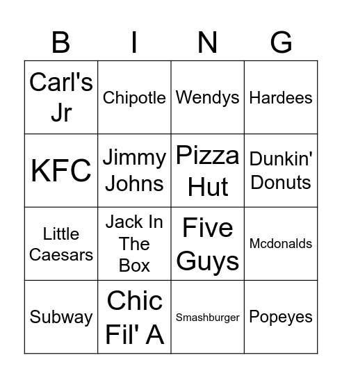 Fast Food Bingo Card