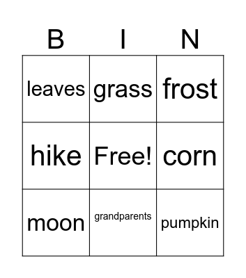 Fall/Grandparents Day Bingo Card