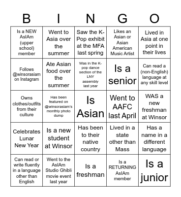 AsIAm Bingo!!! Find someone who… Bingo Card