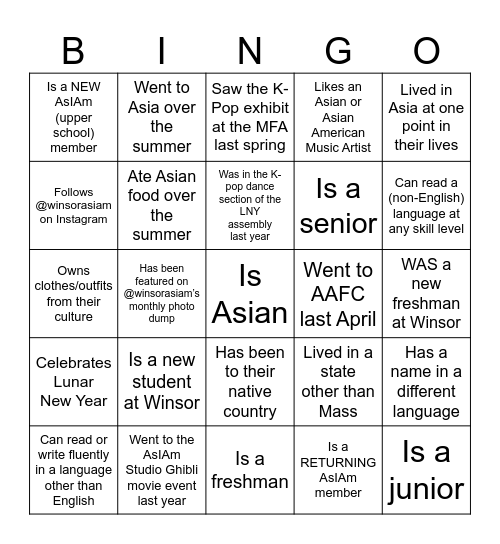 AsIAm Bingo!!! Find someone who… Bingo Card